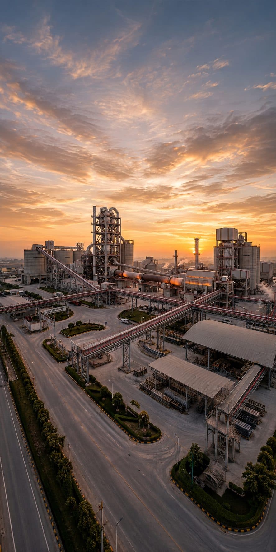 Raden Industries partner cement plant at sunrise, with the rotary kiln glowing
